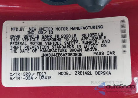 2010 Toyota Corolla S из США, поврежденный, VIN 1NXBU4EE6AZ360906